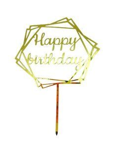 Топпер на торт акриловый с надпись "Happy Birthday" шестиугольник на ножке золото 2299793880 фото